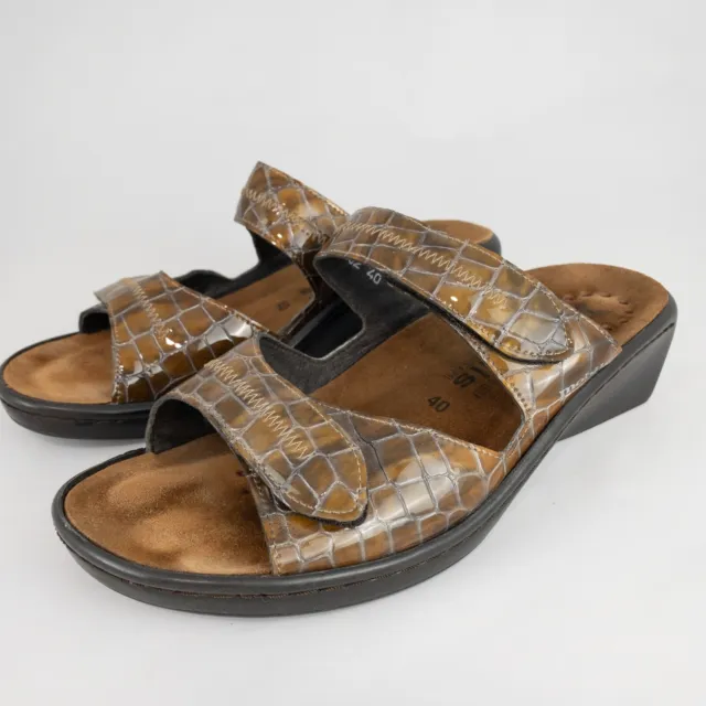 Mephisto Mobils Sandals Women EU 40 US 10 Wedge Slide Brown Leather Croc Shoes