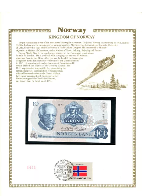 Norway 10 kroner P-36c.1 1977 UNC with UN FDI FLAG STAMP AØ 8181692