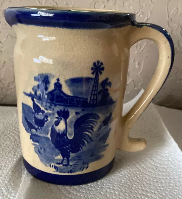 Pitcher Water Creamer With Rooster & Chicken Blue Pottery Ceramic 5.5” Tall