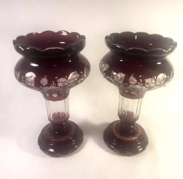 Set Of 2 Vtg Bohemian Czech Cranberry Mantel Lusters Cut To Clear Glass Prism