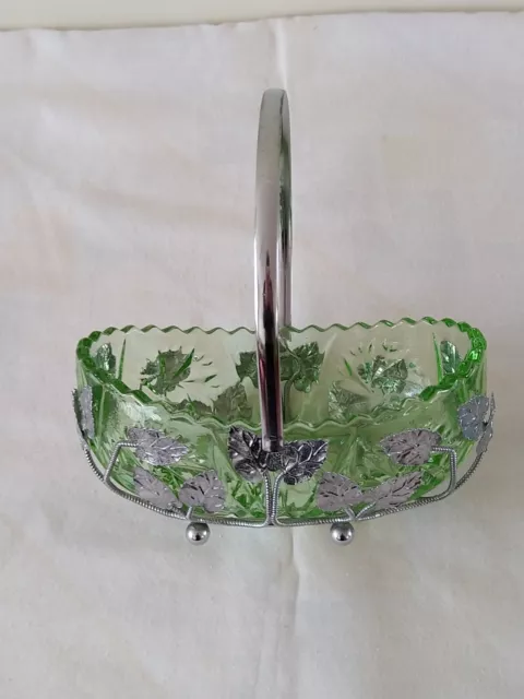 Vintage Sowerby 1930s Art Deco Pressed Green Glass Boat Bowl & Stand