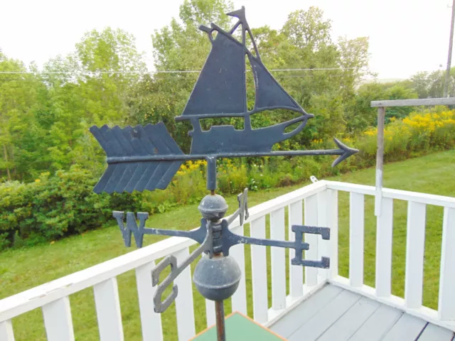 Vintage Nautical Sail Boat Weather Vane With Fancy Cast Iron Display Stand 2