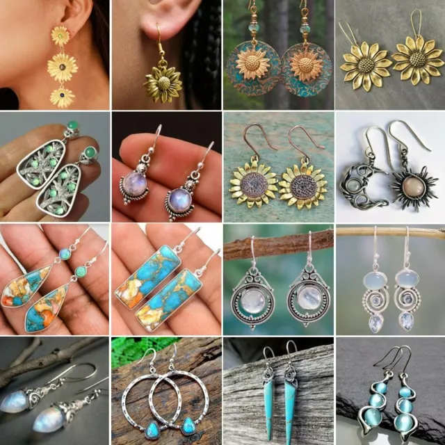 Boho 925 Silver Earrings Ear Stud Turquoise Stone Dangle Drop Hook Women Gift