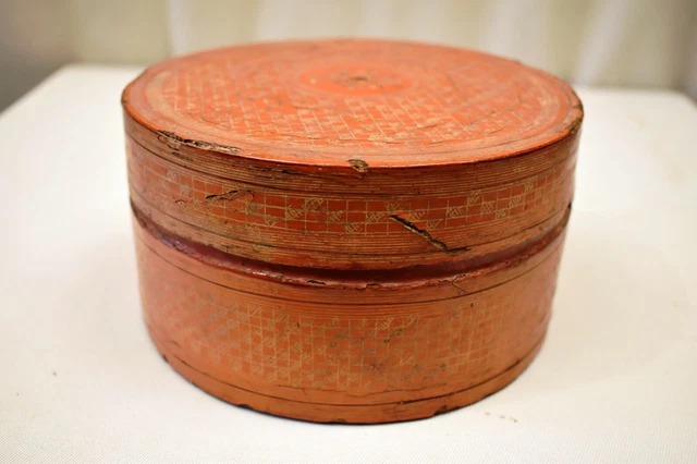 Vintage Laqué Boîte Thanakha Bu Myanmar Rangement Conteneur Main Peint Vieux " 3