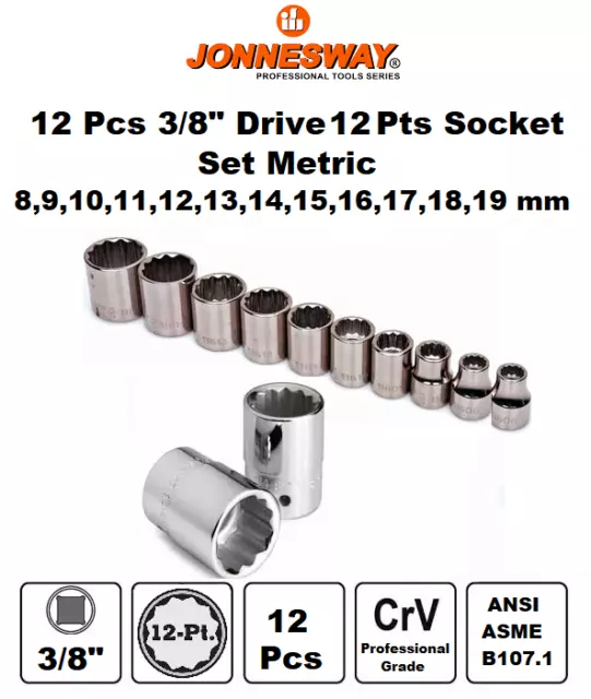 Jonnesway 12 Pcs 3/8" Drive 12 PT  Metric Socket Set 8 to 19mm ANSI/ASME B107.1