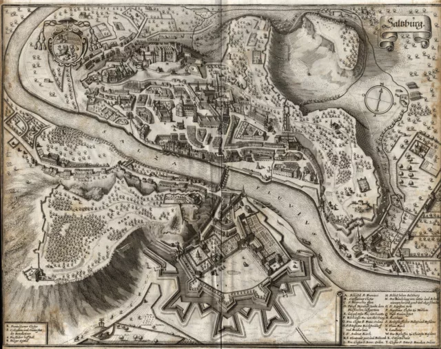 Salzburg Gesamtansicht Vogelschau Original Kupferstich Merian 1644 schmalrandig