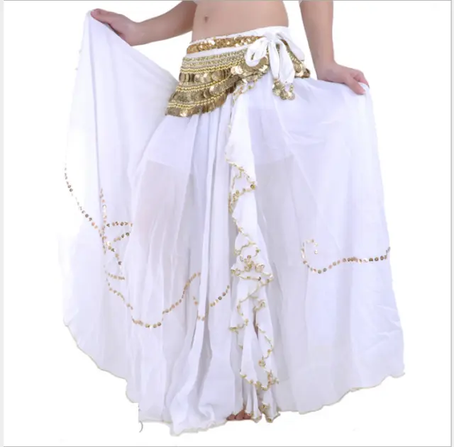 One-side Slit Bead and Sequin Chiffon Long Skirt Swing Skirt Belly Dance Costume