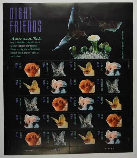 US SCOTT 3661 - 3664a SHEET OF 20 NIGHT FRIENDS AMERICAN BATS STAMPS 37 CENT MNH