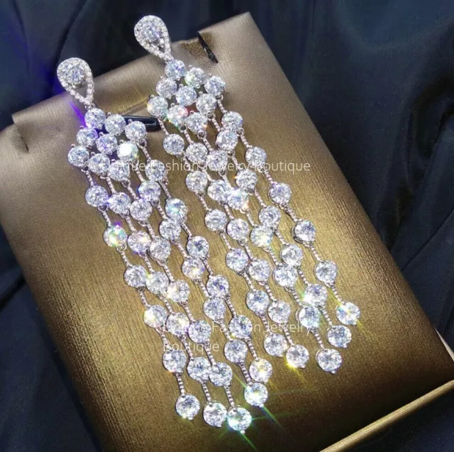 18k White Gold Filled Long Chandelier Earrings made w Swarovski Crystal Stone 2