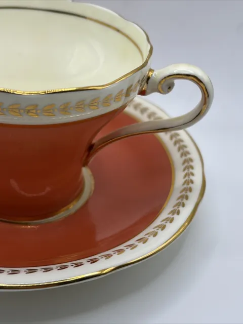 Aynsley Coral Corset Shape Teacup & Saucer Coffee Cup Golden Rim England China 3