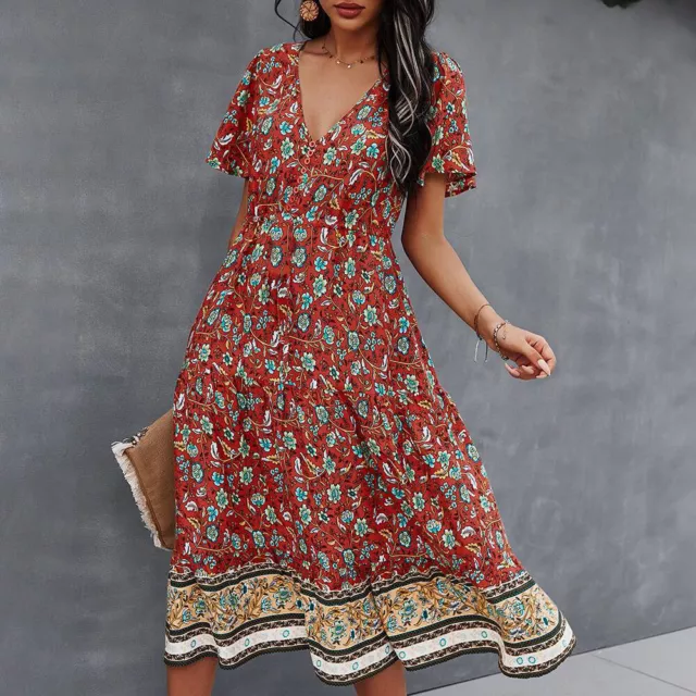 Womens Ladies Boho Floral Summer Holiday Dress Puff Short Sleeve Midi Sundresses 3