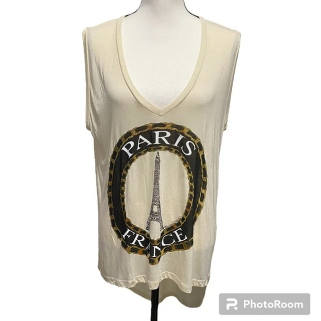 Lauren Moshi Paris France Foil Medallion High Low V-Neck T-Shirt Tank Top Medium