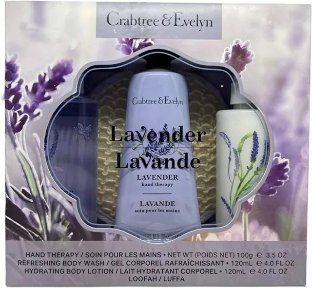 Crabtree & Evelyn LAVENDER Hand Therapy Shower Gel Body Lotion Loofah Gift Set