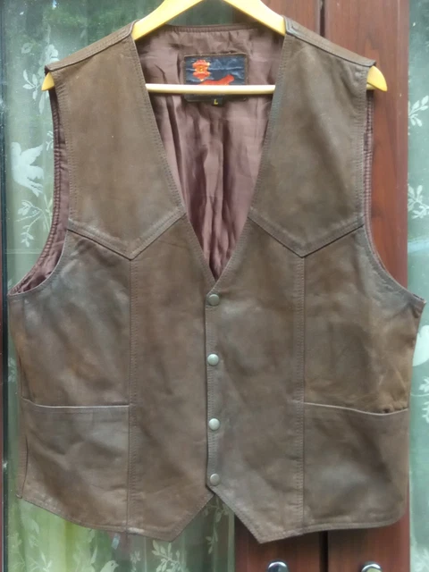 Gilet biker vintage Back2Back in pelle marrone UK L