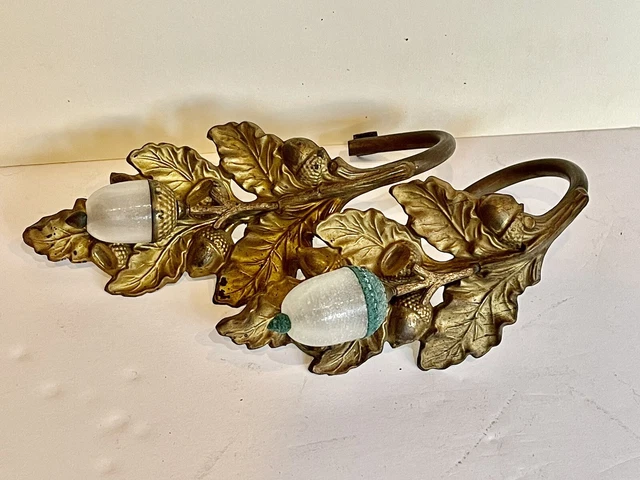 PAIR Rare Antique Victorian Glass Acorn Gilt Brass Curtain Drapery Tie Back