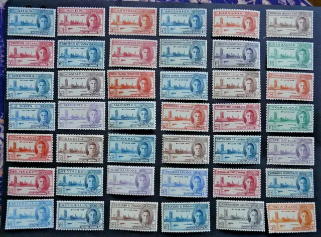 Collection 42 mint 1946 Victory stamps, 15 sets + 12 singles