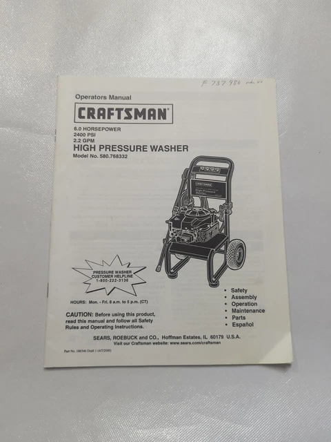 SEARS CRAFTSMAN HIGH Pressure Washer 580.768332 ORIGINAL 40 page Owners ...