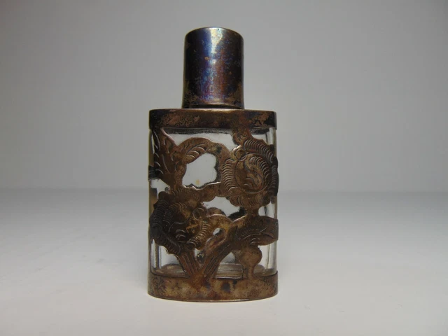 Sterling Silver Overlay Perfume Bottle Marked .925  Antique 2 1/4"