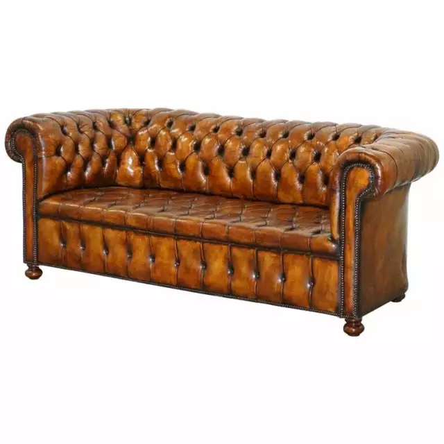 Rare Circa 1900 Hand Dyed Fully Restored Whisky Brown Leather Chesterfield Sofa
