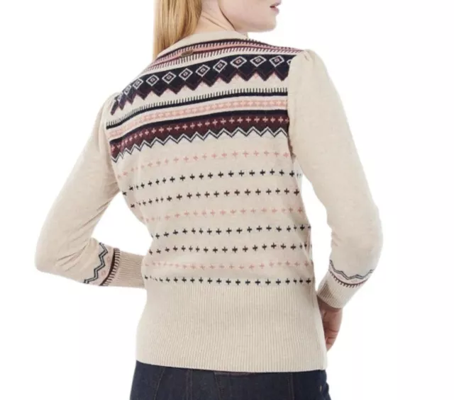 BARBOUR FAIR ISLE Nordic Sweater Wool Blend Birch Knit Puff Shoulder ...