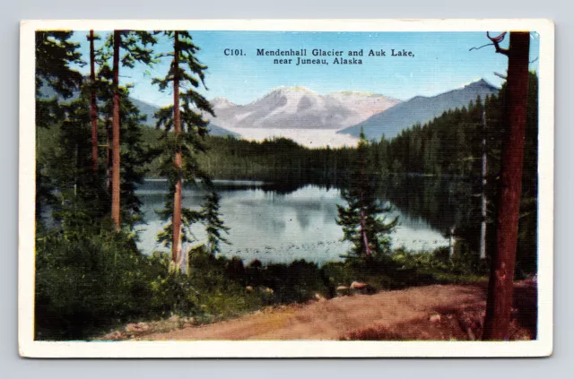 Vintage Linen Postcard Juneau AK Alaska Mendenhall Glacier & Auk Lake