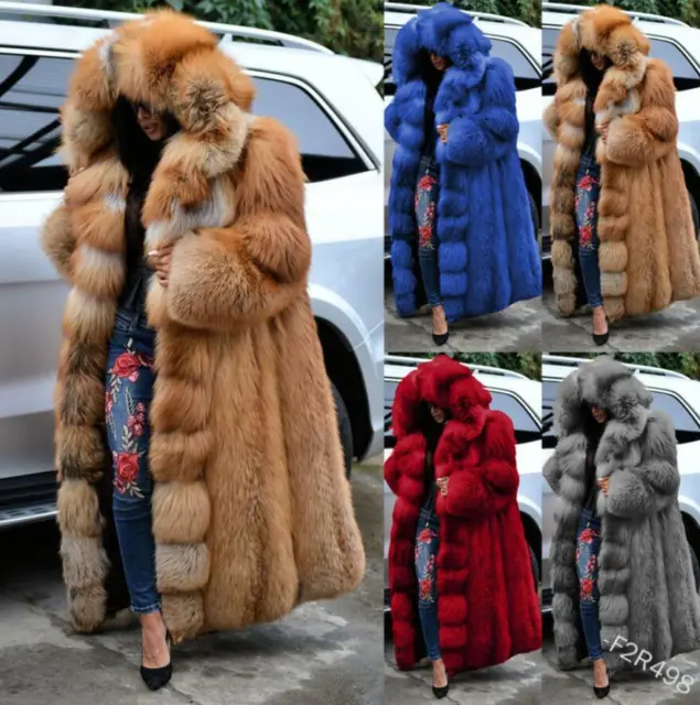 Women's Faux Fur Luxury Hooded Full Length Parka Coat Winter Warm Fashion Size