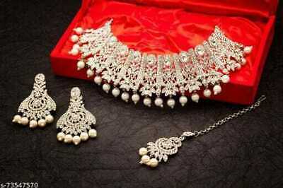 Indian Women Silver Tone Kundan Necklace Earrings Wedding Bridal Jewelry Set