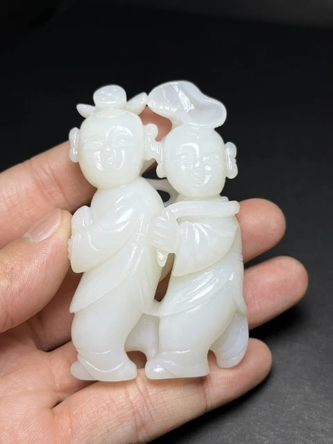 Chinese Exquisite Handmade Children carving Hetian Jade Statue