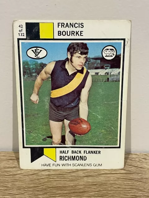 Scanlens 1974 Vfl Footy Card Francis Bourke Richmond Tigers #42/132.