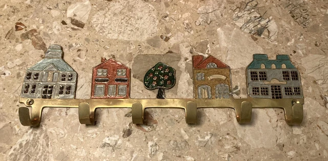 Vintage Boho Brass Wall Mount Clothes Towel Coat Rack Enamel Houses 6 Hooks