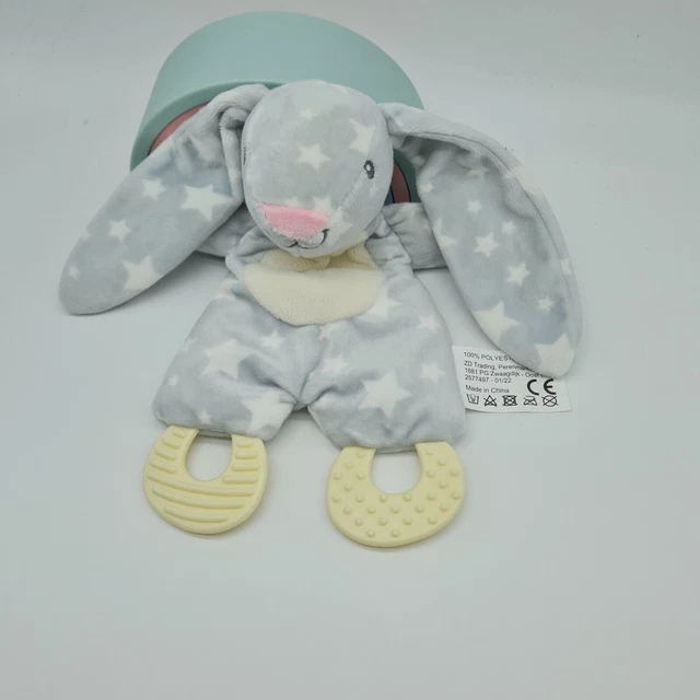 10 - Doudou Lapin Plat Blanc Gris Etoile Nez Rose Anneau Dentition Zd Neuf