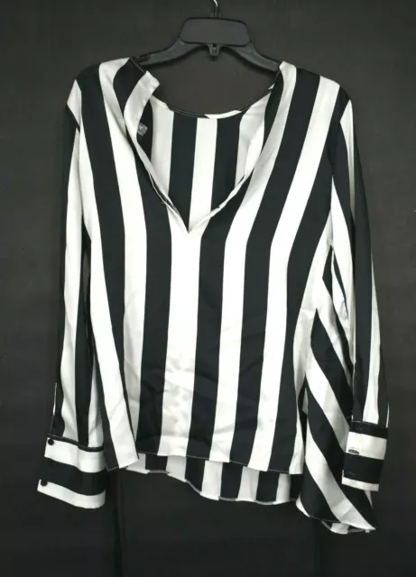 Topshop Womens Black White Crewneck Long SLeeves Chic Stripe Tie Side Blouse 4 2