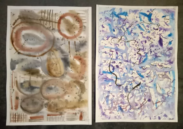 ORIGINAL 2x pair contemporary abstract watercolour painting modern art unusual