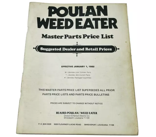 Poulan Weed Eater Master Parts Manual de Lista de Precios 1982