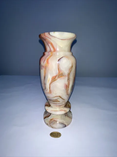 Onyx Stone Hand Carved Vase 8” Urn Green Red Brown Made In Pakistan