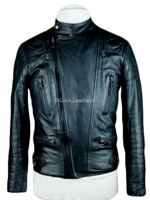 King Homme Véritable Cuir de Vache Haute Qualité Veste Motard Slim Fit Noir Manteau 