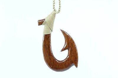 Hawaiian Koa Wood Fish Hook Necklace - Hand Carved Genuine Koa, Large Size