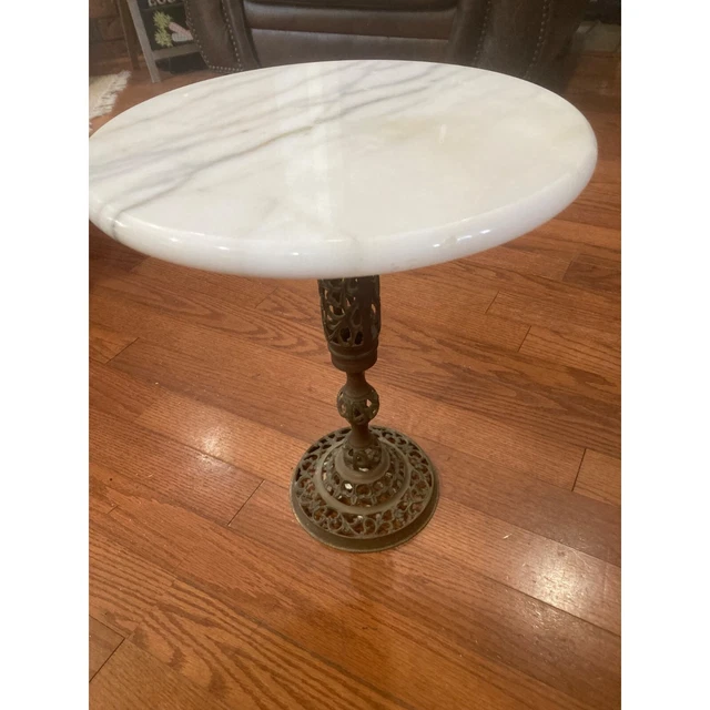 Vintage Solid Brass Base Side Table w/ 15" Round Marble Top