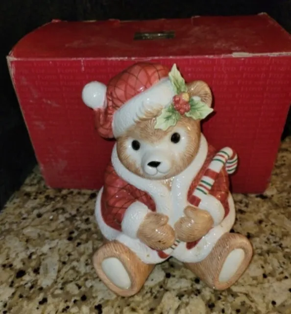 RARE Fitz & Floyd Christmas Teddy Bear Cookie Jar w/ Peppermint and Holly Sprig
