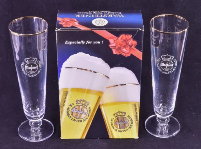 Set of 2 Exclusive Warsteiner 0.3 Liter Tulip Beer Glasses Germany Gold Rim