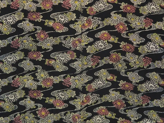 0825T05z520 Vintage Japanese Kimono Silk HAORI Black Chrysanthemum