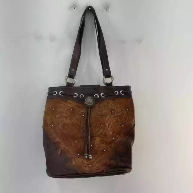 American West Hand Tooled Western Brown Leather Bucket Bag Purse  - Women's