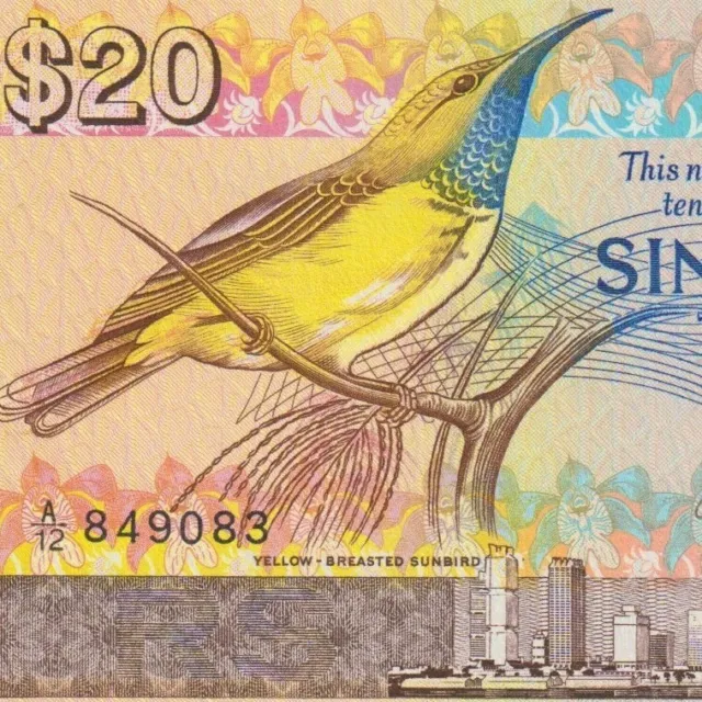 🇸🇬 Singapore. 20 Dollars. ND (1979). Bird / Plane.  P.12. Crisp GEM Unc