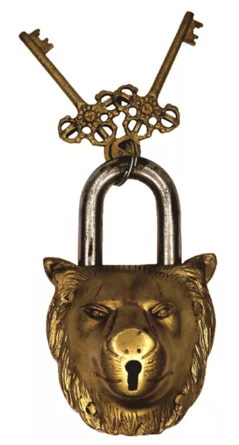 Lion Lock Antique Vintage Style Solid Brass Handcrafted Padlock & Key Home Decor