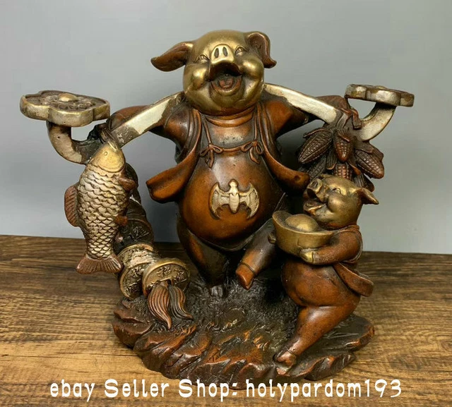 6.8" Old China Bronze Gilt Zhu Bajie Pig God Ru Yi Fish Coin Wealth Statue