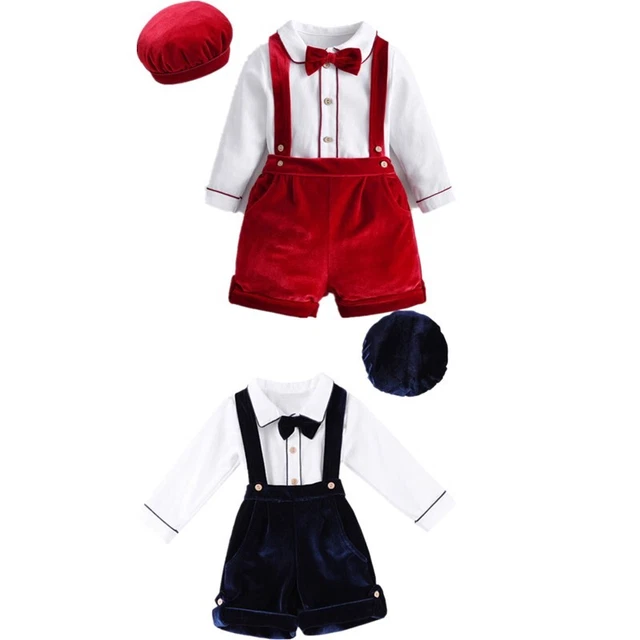 Camicia con fiocco a maniche lunghe bambini + pantaloncini sospesi in velluto + cappello abito da gentiluomo