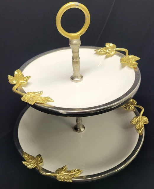 Vintage 2 Tier Serving Tray Stand Round Dessert Party Platter w/Gold Finish part