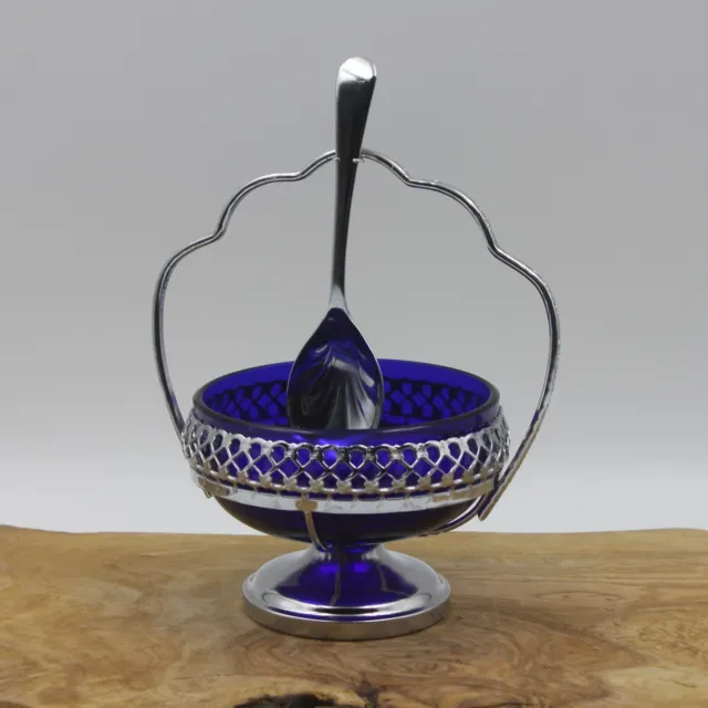 Vintage Cobalt Blue Glass Sugar Bowl Resting in Stainless Steal Basket