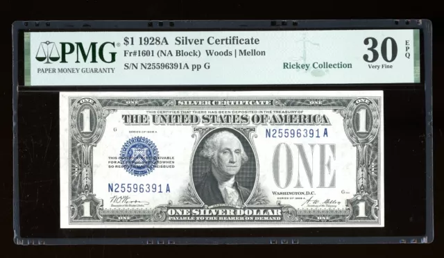 DBR 1928-A $1 Silver Funnyback Fr. 1601 NA Block PMG 30 EPQ Serial N25596391A