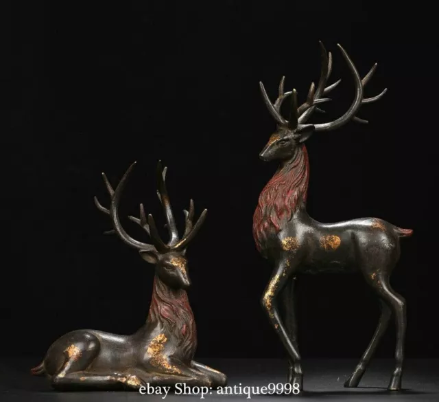 10.2'' Collection Old Chinese Bronze Gilt Sika Spotted  Deer Animal Statue Pair